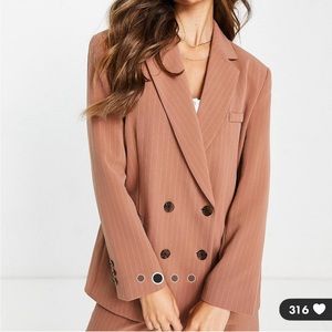 ASOS DESIGN double breasted dad suit blazer in camel pinstripe